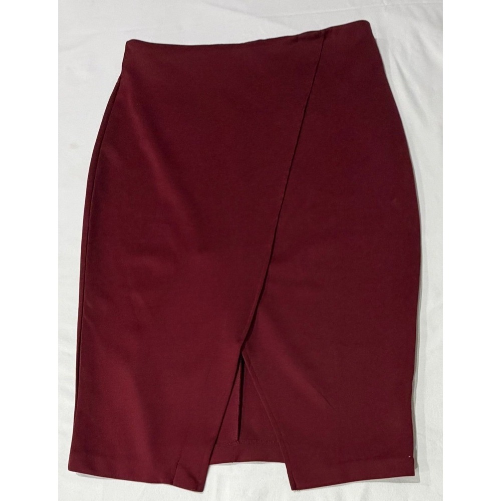 New York & Company Burgundy‎ Faux Wrap Pencil Skirt Size 10 Stretch Midi Wine
